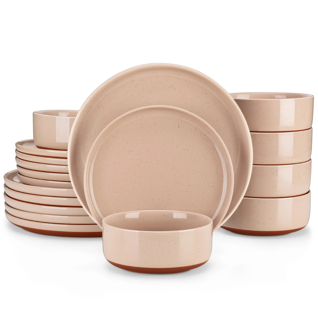 Blush pink 18-piece stoneware dining set displayed on a plain white background
