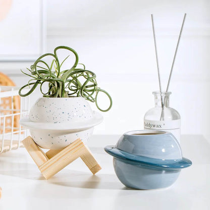 Ceramic Planet Planter with Wooden Stand