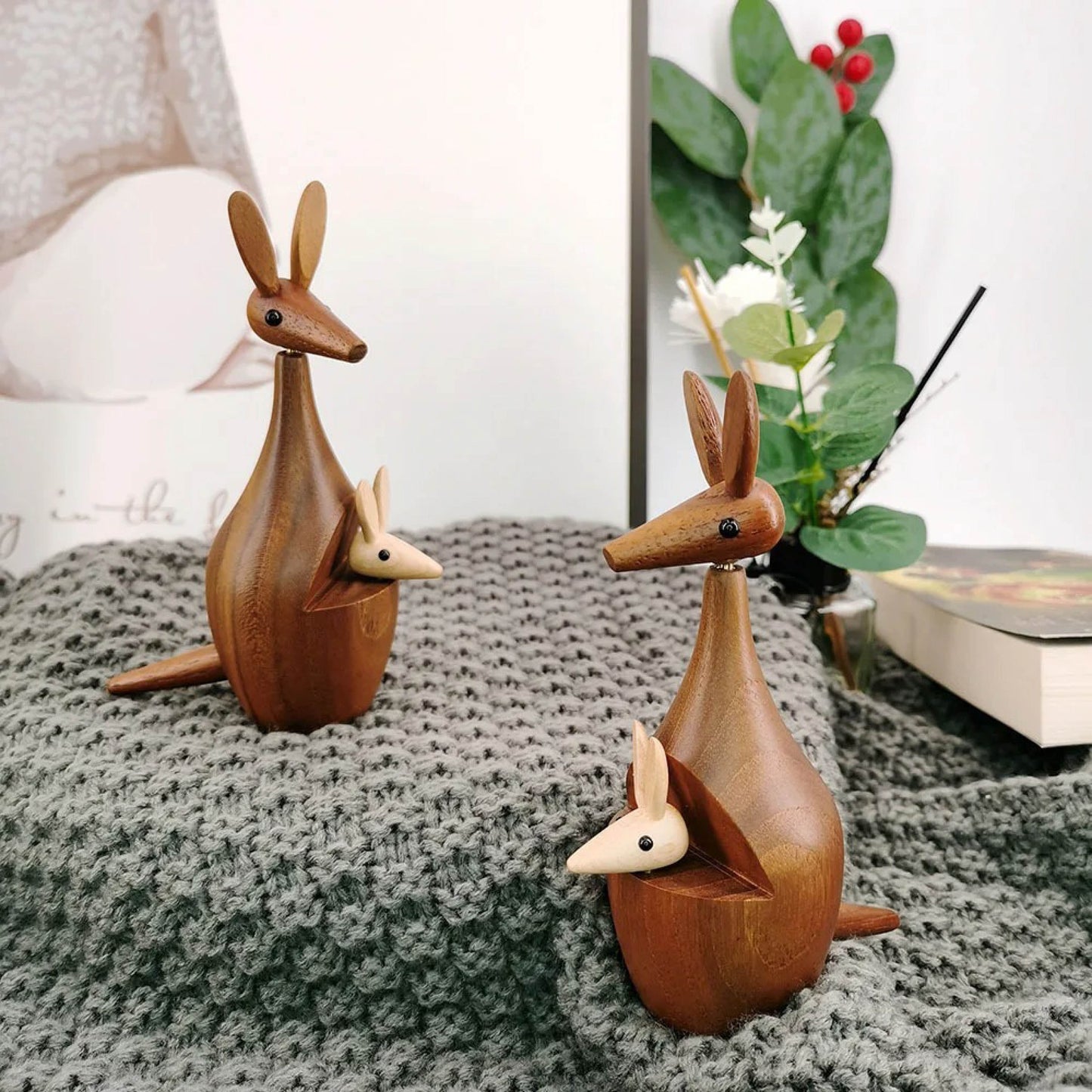 Wooden Kangaroo Decor with Baby Kangaroo