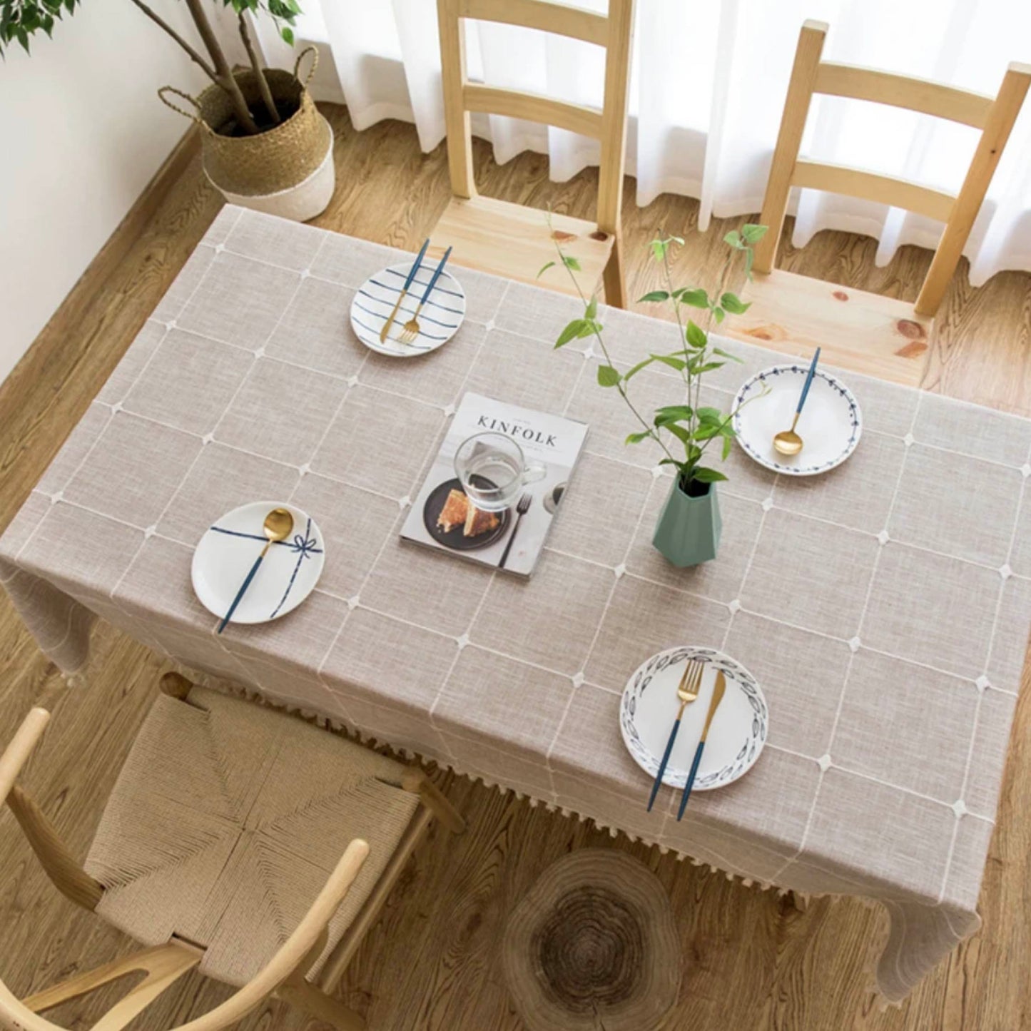 Checkered Cotton Linen Tablecloth