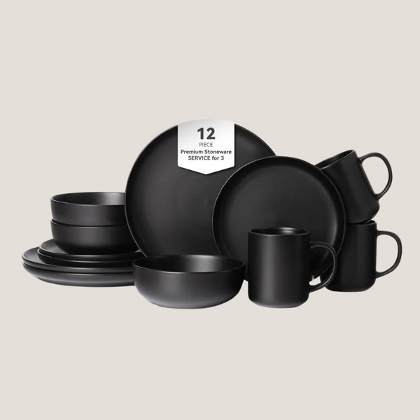 12 Piece Matte Black Porcelain Dinnerware – Plantzies