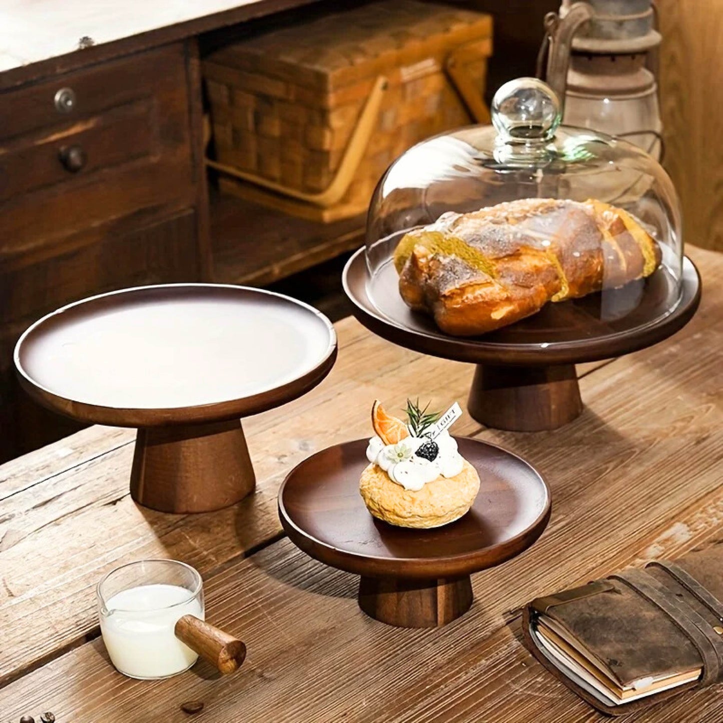 Wooden Cake Stand with Glass Dome