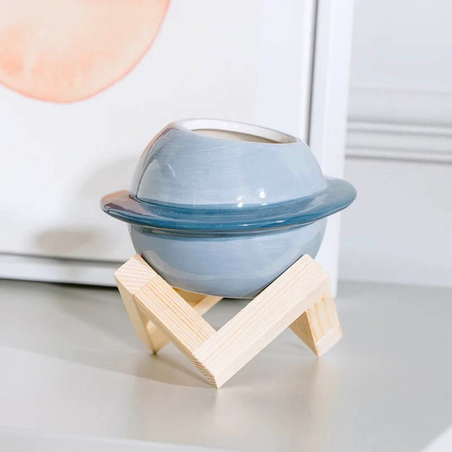 Ceramic Planet Planter with Wooden Stand