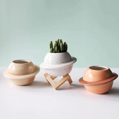 Ceramic Planet Planter with Wooden Stand