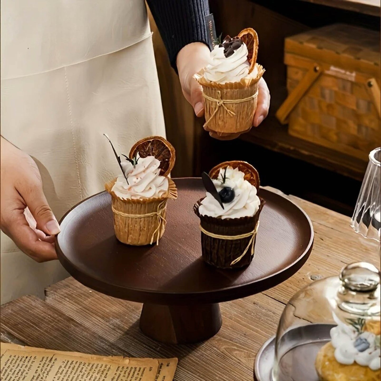 Wooden Cake Stand with Glass Dome