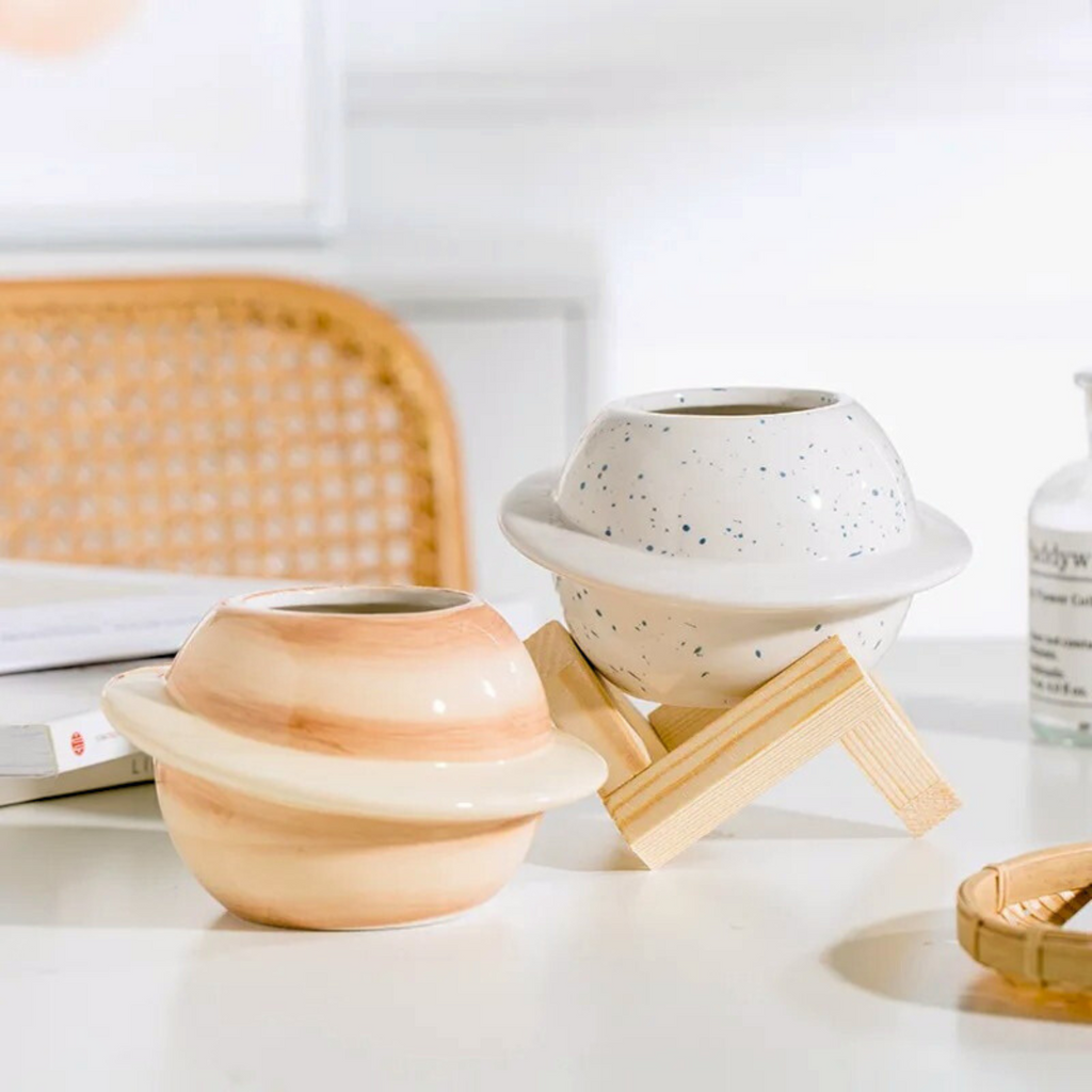 Ceramic Planet Planter with Wooden Stand