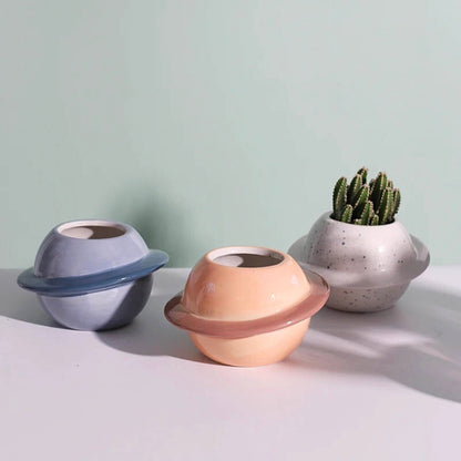 Ceramic Planet Planter with Wooden Stand