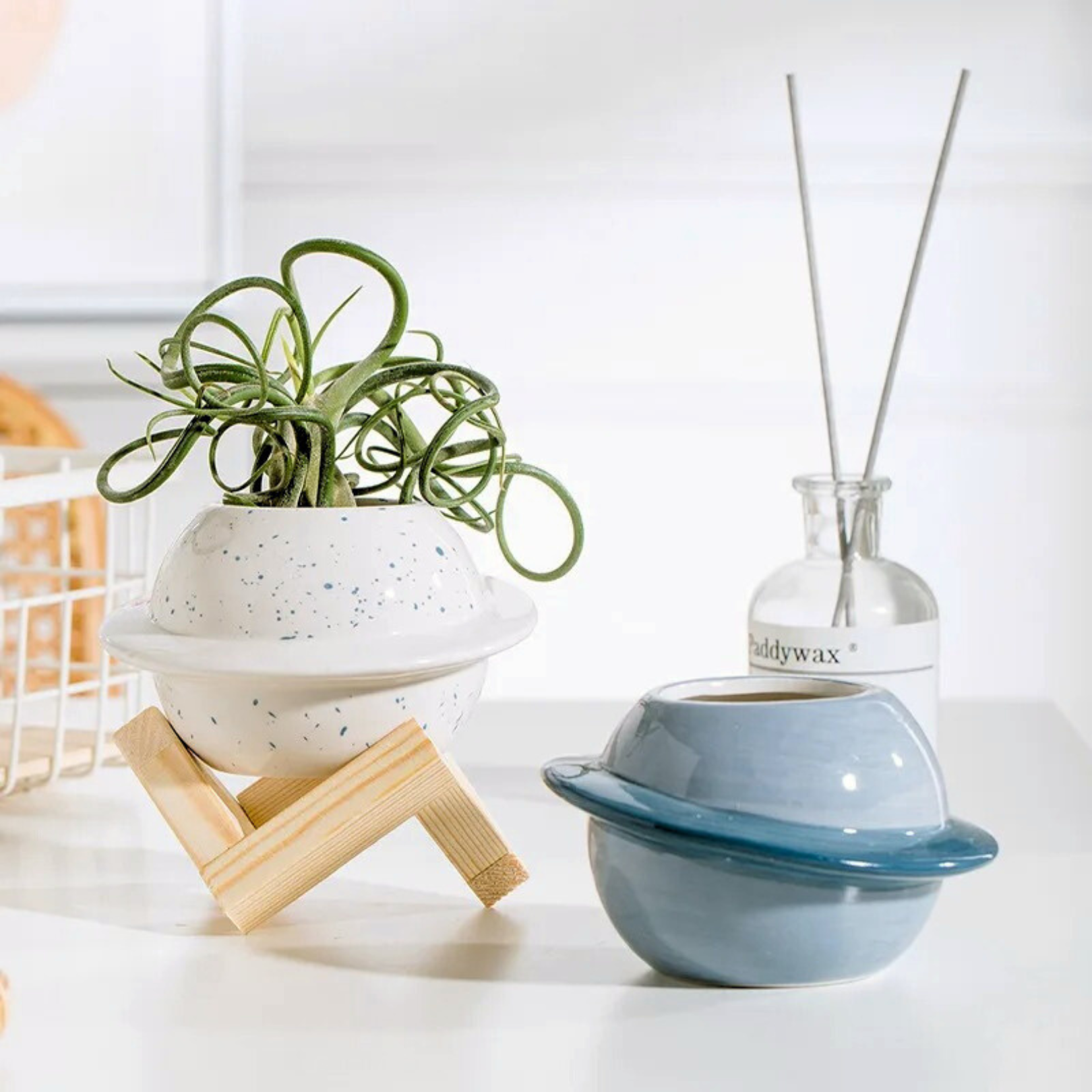 Ceramic Planet Planter with Wooden Stand
