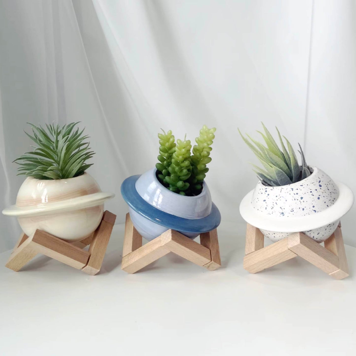 Ceramic Planet Planter with Wooden Stand