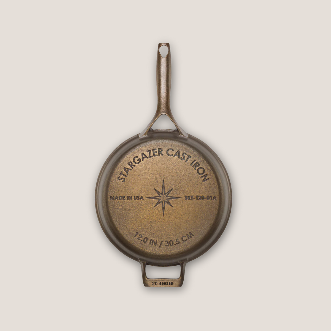 Back view of 12-inch cast iron skillet featuring Stargazer logo embossed on the base