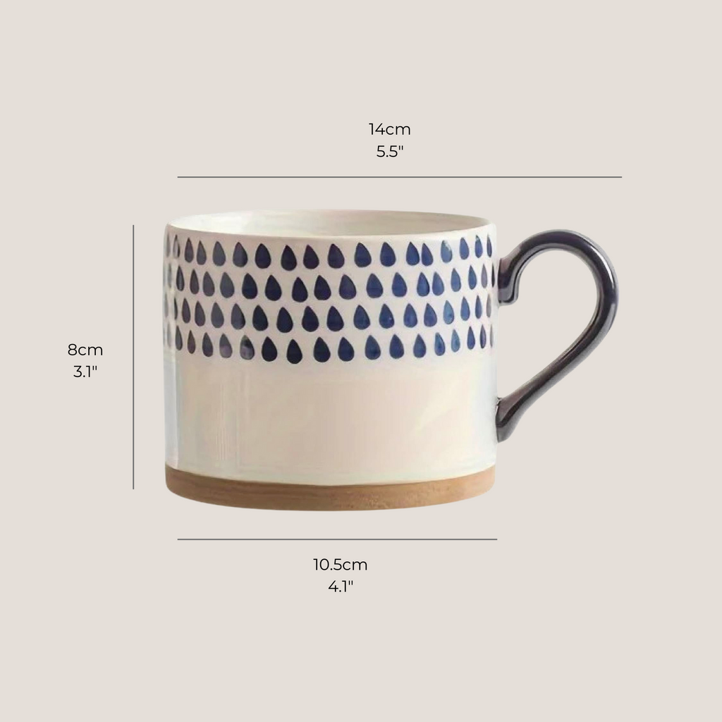 Dimensions of the ceramic artisan mug shown with height and width clearly labeled