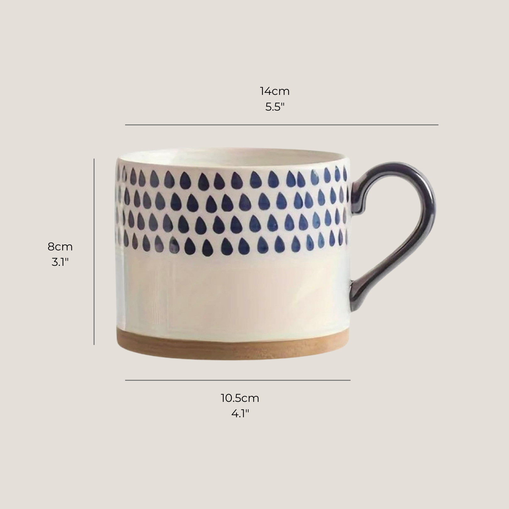 Dimensions of the ceramic artisan mug shown with height and width clearly labeled