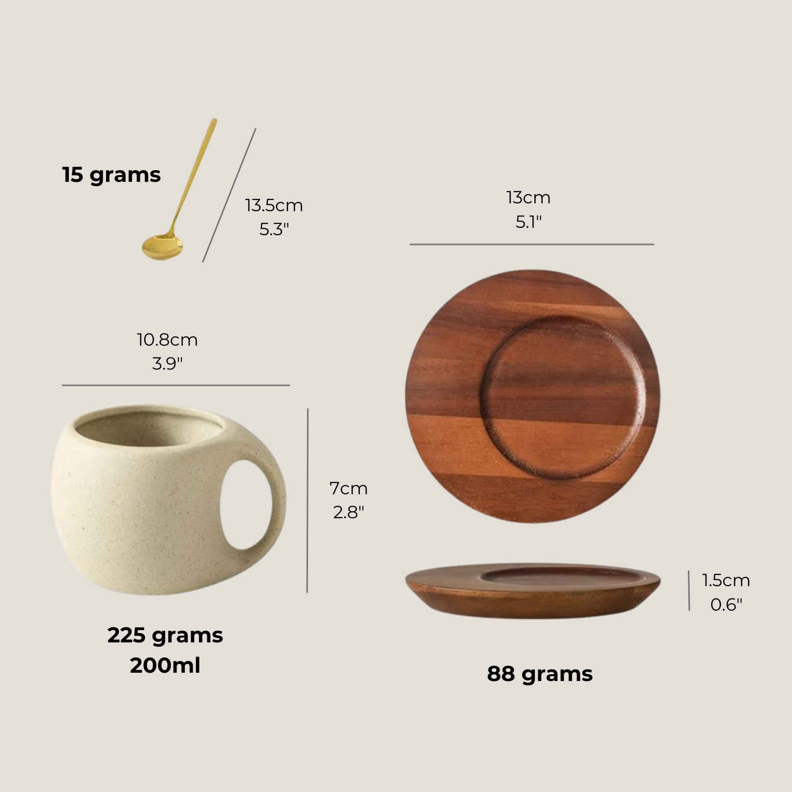 Dimensions of ceramic cup, spoon and wooden base displayed with measurements