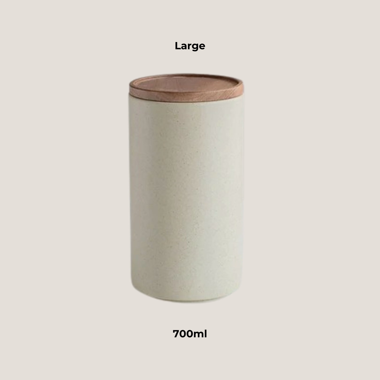 Small ceramic storage jar labeled “large” displayed individually with wooden lid
