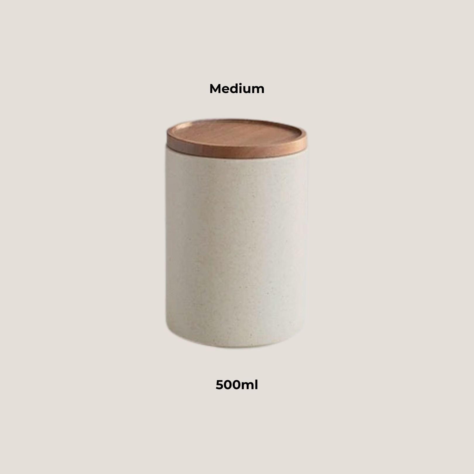 Small ceramic storage jar labeled “medium” displayed individually with wooden lid
