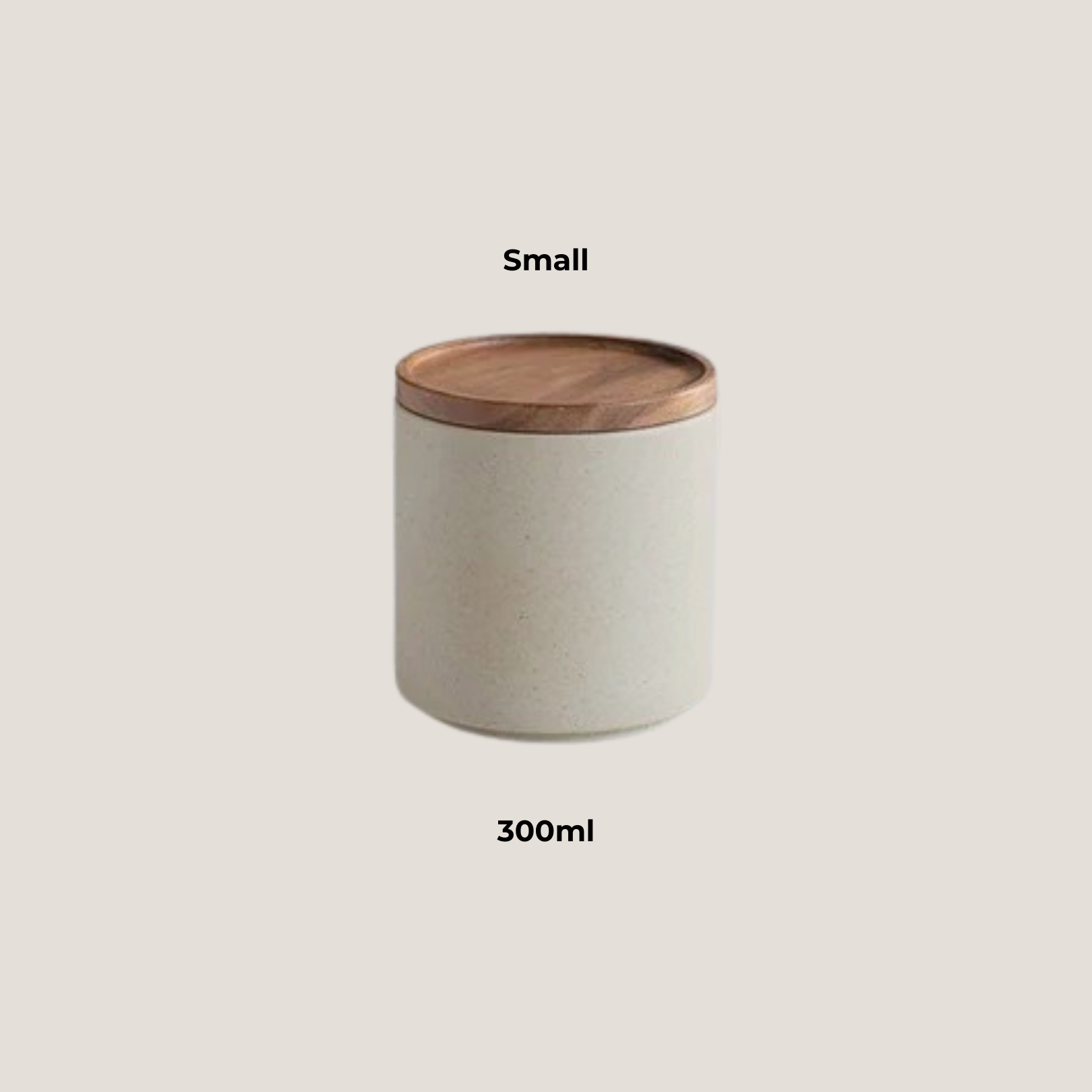 Small ceramic storage jar labeled “small” displayed individually with wooden lid