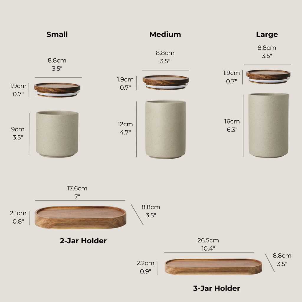 Size measurements of all three ceramic storage jars shown side by side with height and width dimensions
