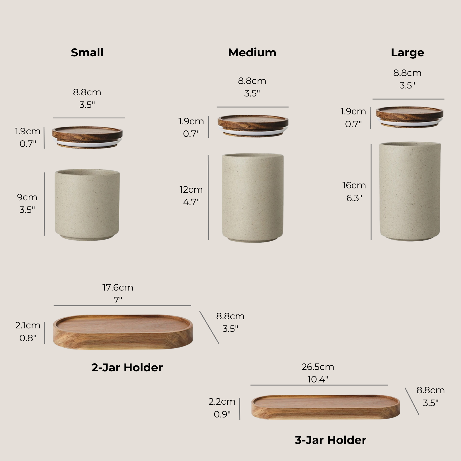 Size measurements of all three ceramic storage jars shown side by side with height and width dimensions