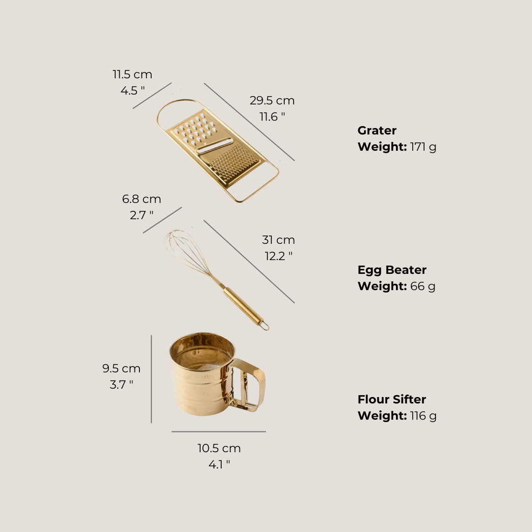Dimensions of the egg beater, flour sifter, and grater shown with rulers or labels indicating height and width
