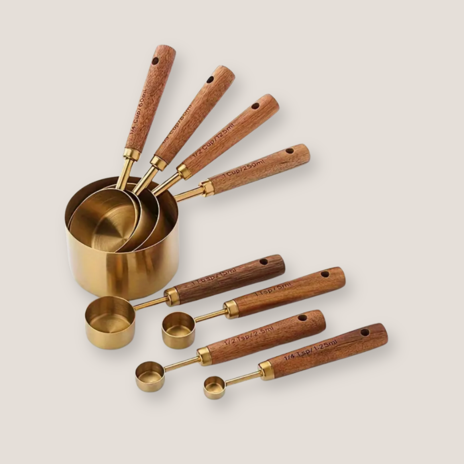 Full measuring set including four stainless steel cups and four spoons with wooden handles arranged neatly