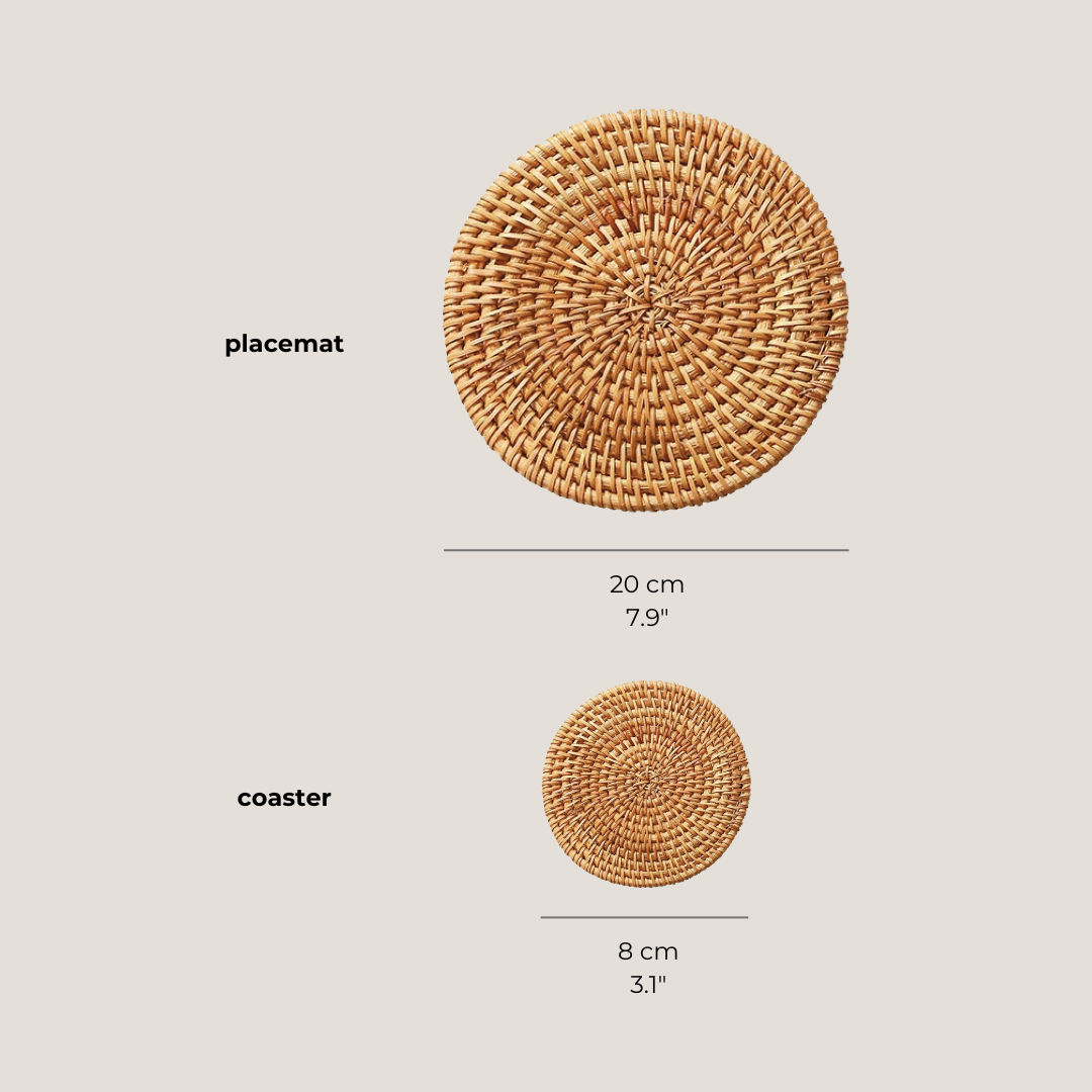 Rattan placemat shown with measuring tape to indicate diameter, placed on a wooden surface