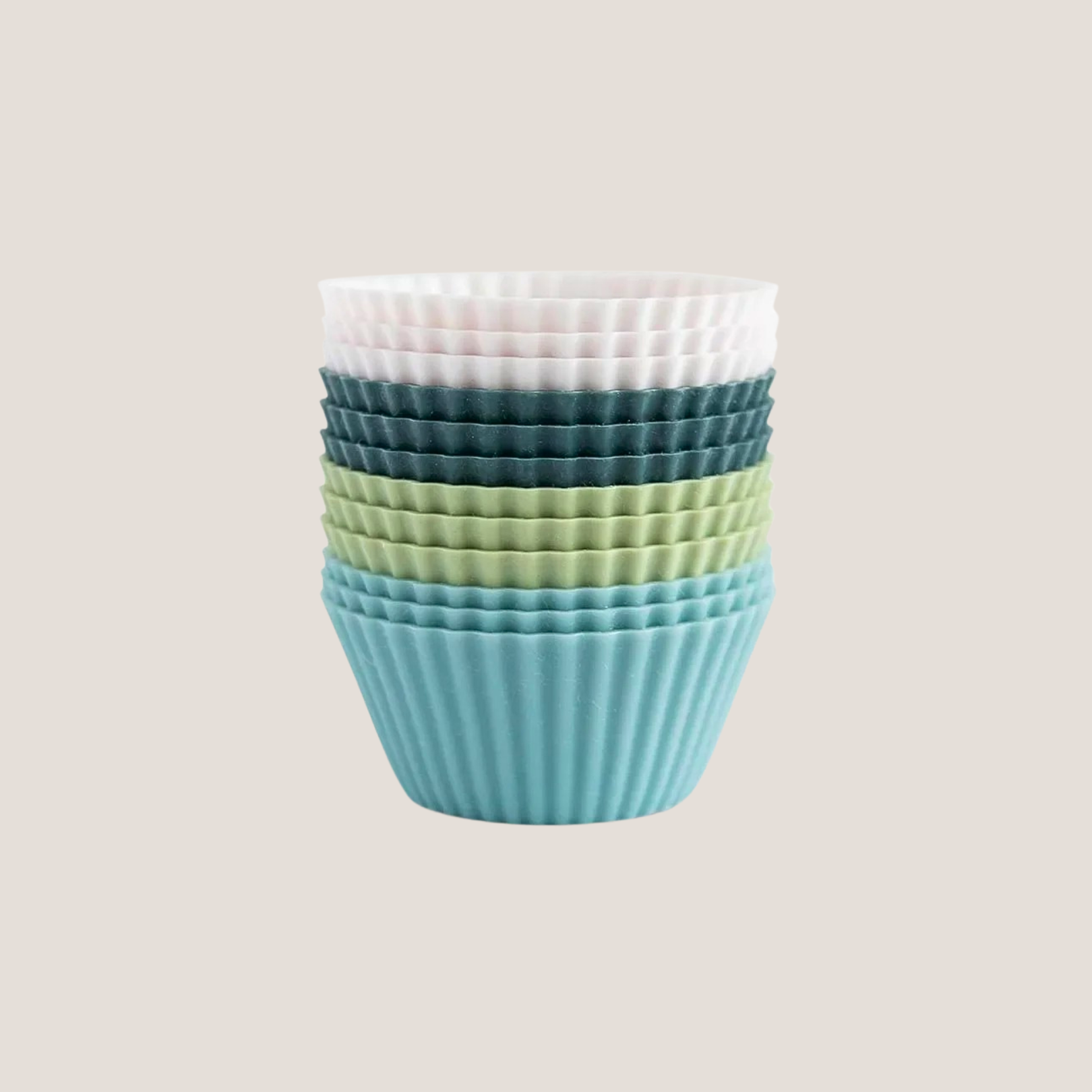 Set of colorful silicone muffin cups neatly stacked together