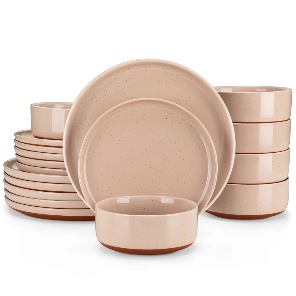 Blush pink 18-piece stoneware dining set displayed on a plain white background