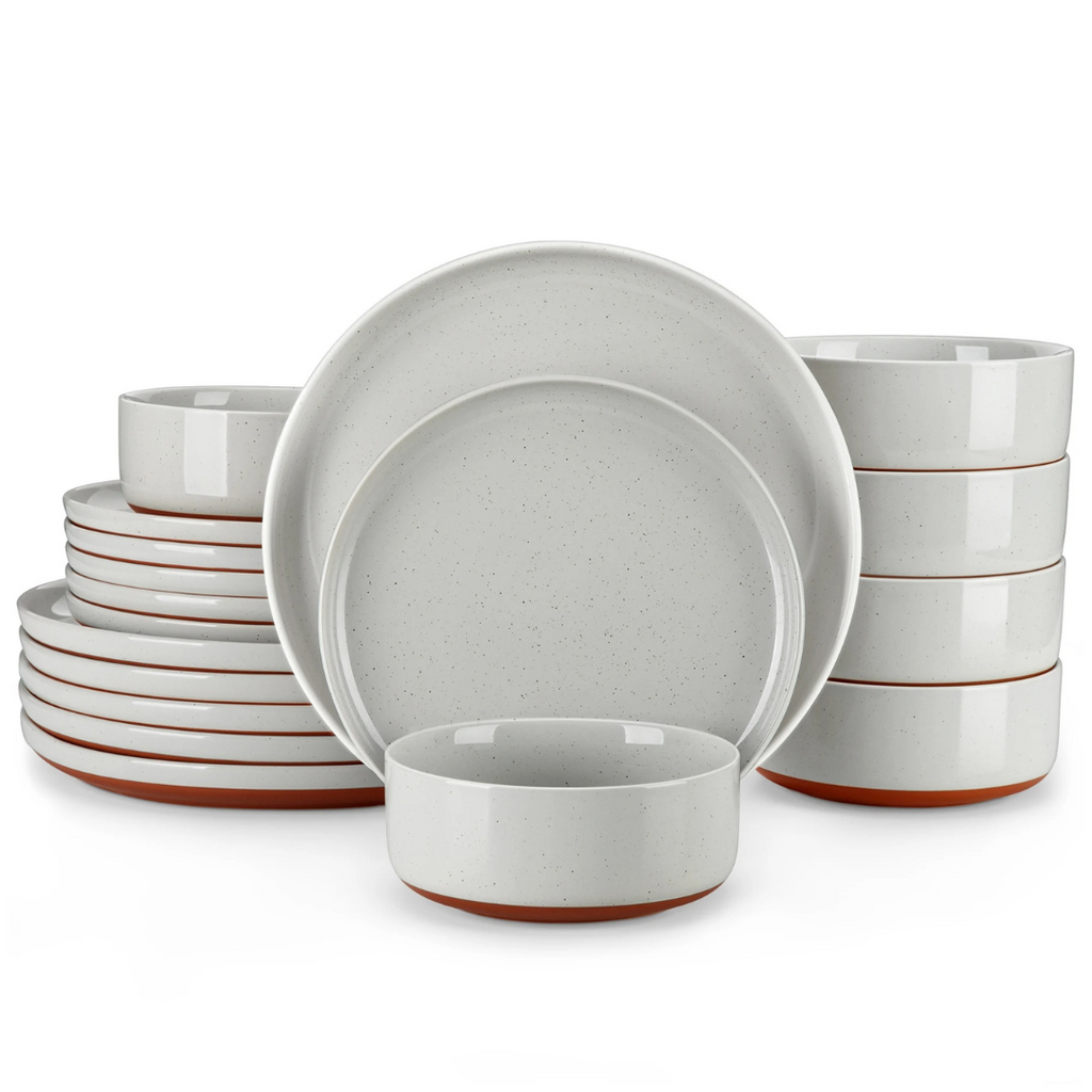 Cool gray 18-piece stoneware dining set displayed on a plain white background