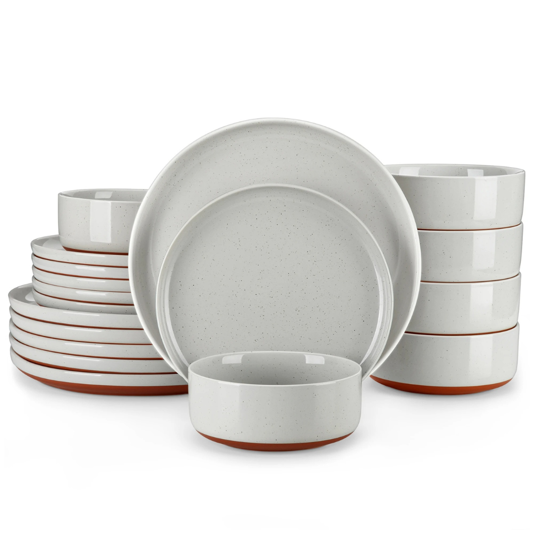 Cool gray 18-piece stoneware dining set displayed on a plain white background