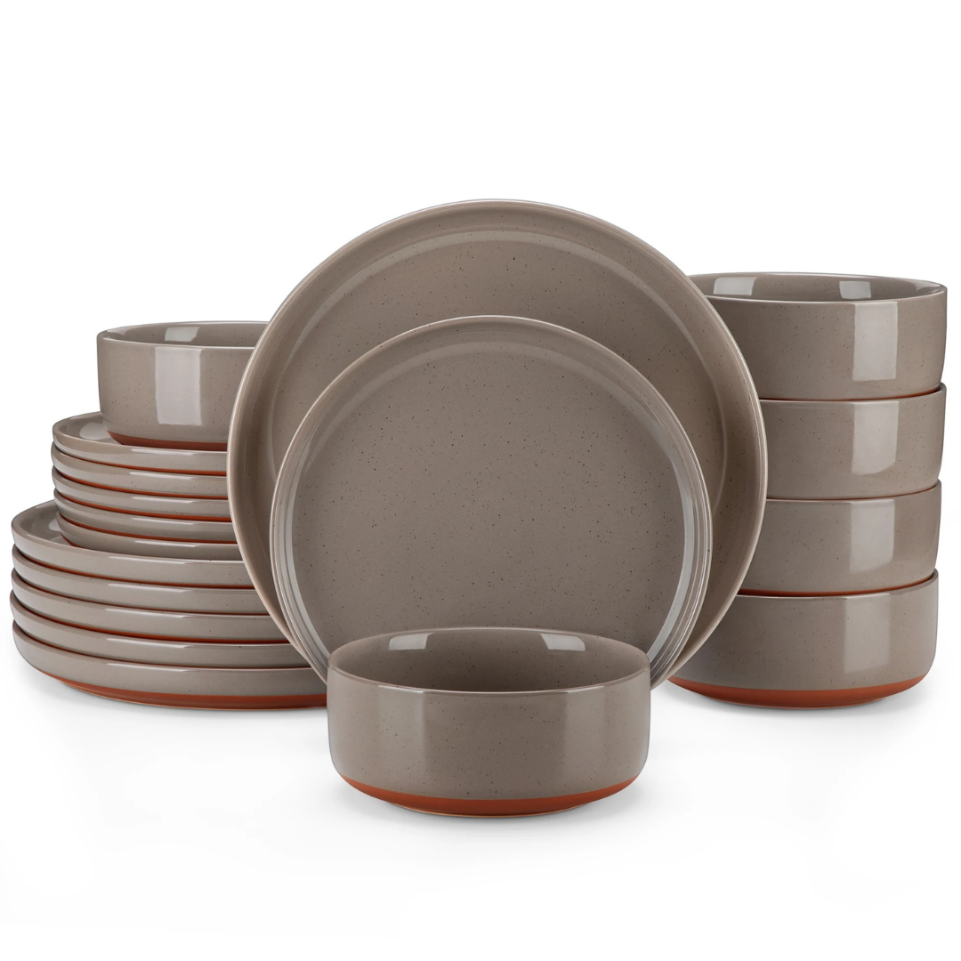 Earthy brown 18-piece stoneware dining set displayed on a plain white background