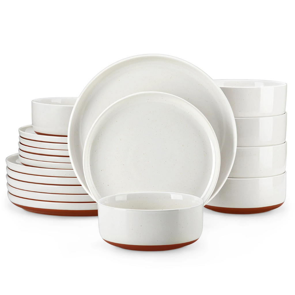 Ivory white 18-piece stoneware dining set displayed on a plain white background
