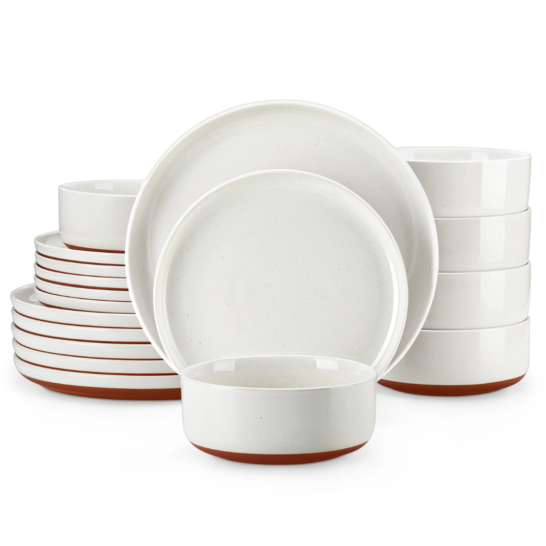 Ivory white 18-piece stoneware dining set displayed on a plain white background