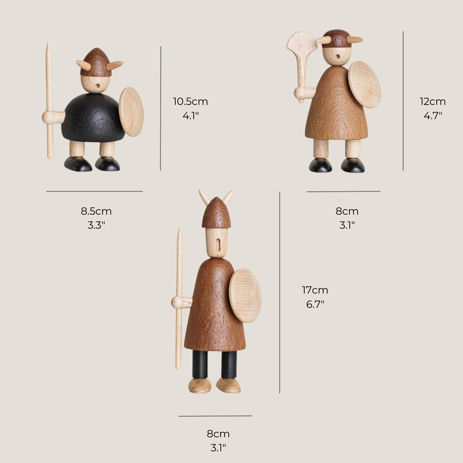 Wooden Viking figurines placed next to a ruler for height and scale reference