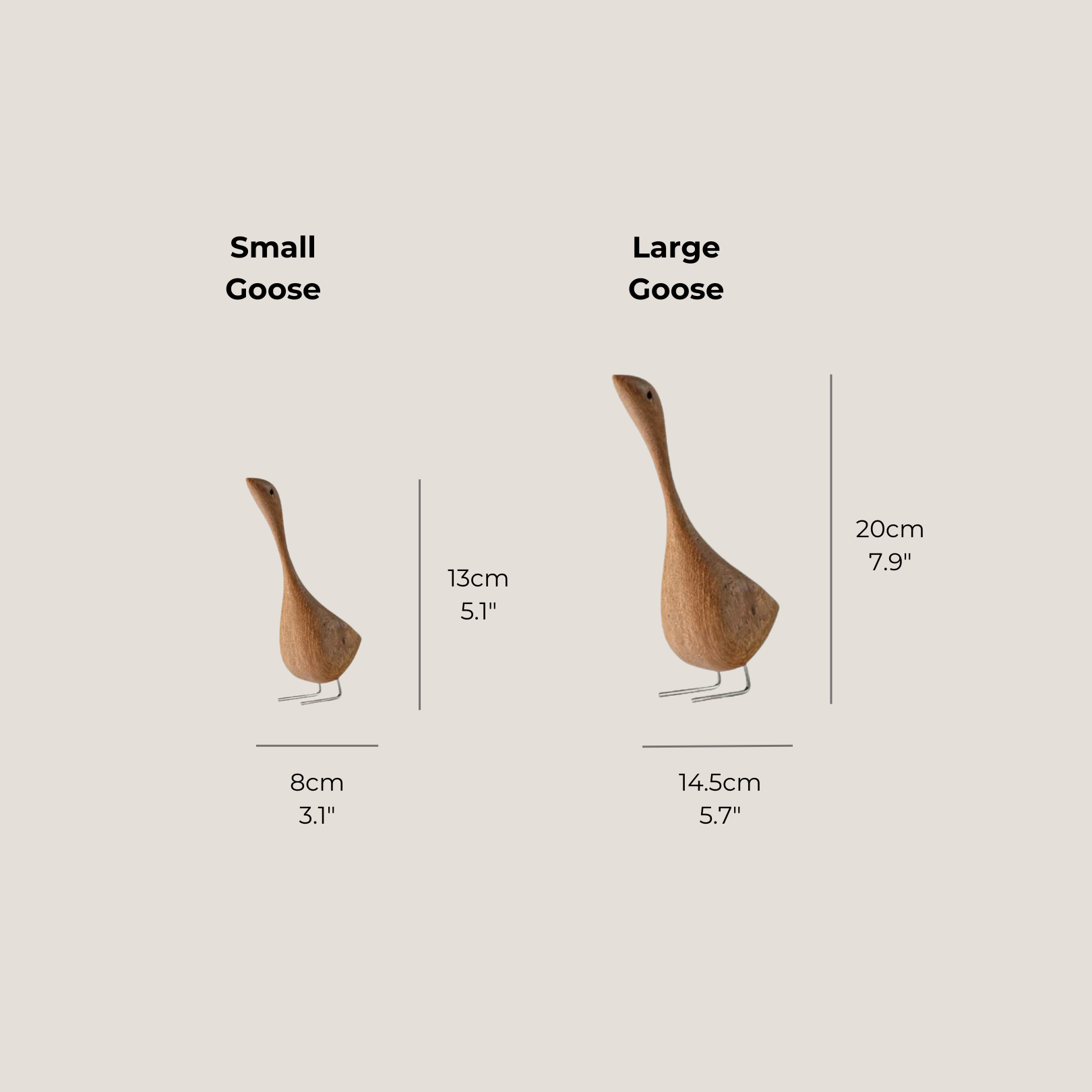 Wooden goose figurines placed next to a ruler for height reference