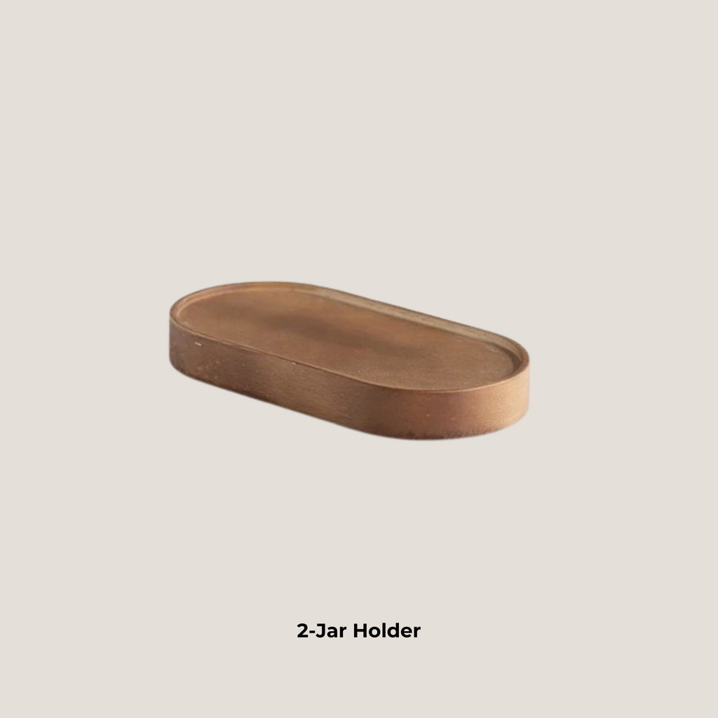 Empty wooden holder designed to fit two ceramic jars