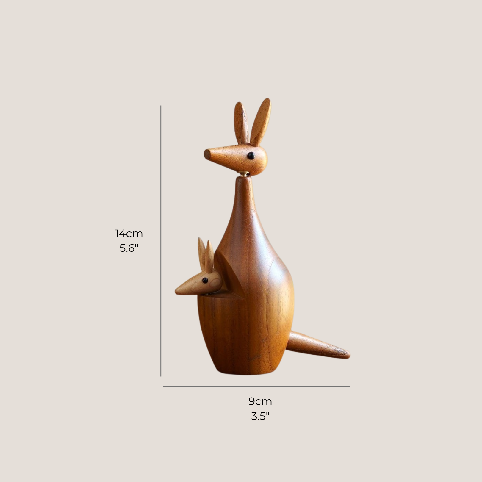 Wooden kangaroo decor shown with ruler for height and size reference