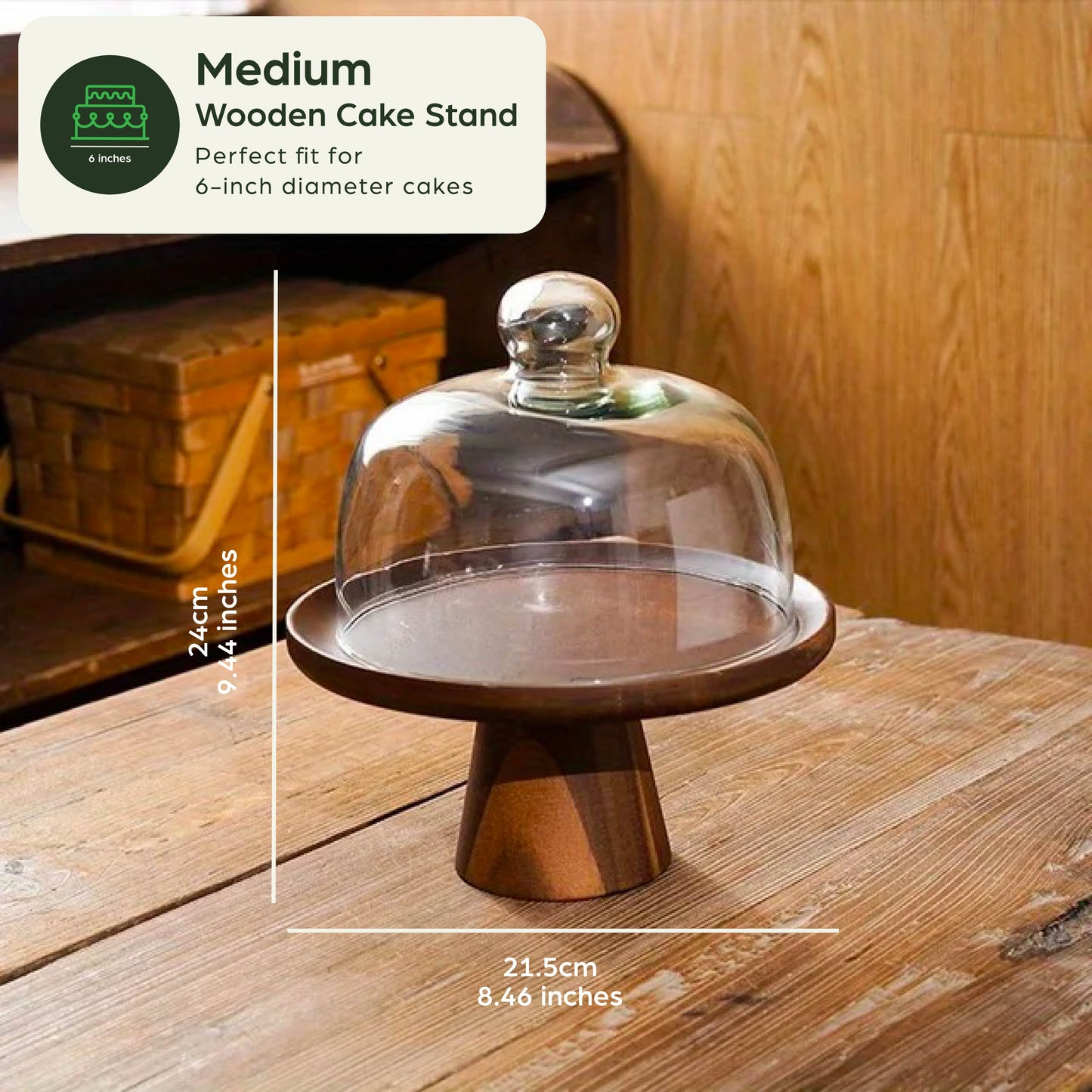 Wooden Cake Stand with Glass Dome