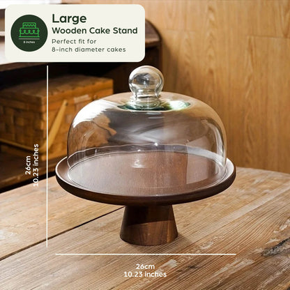 Wooden Cake Stand with Glass Dome